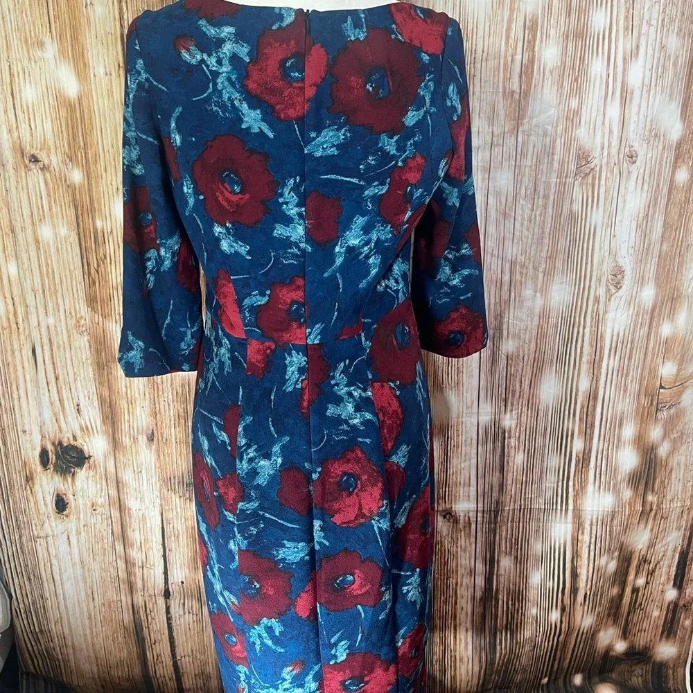 Black Halo Sheath Dress Womens 8 Floral Petrol Blue Red Zipper Side Slit - Picture 5 of 9